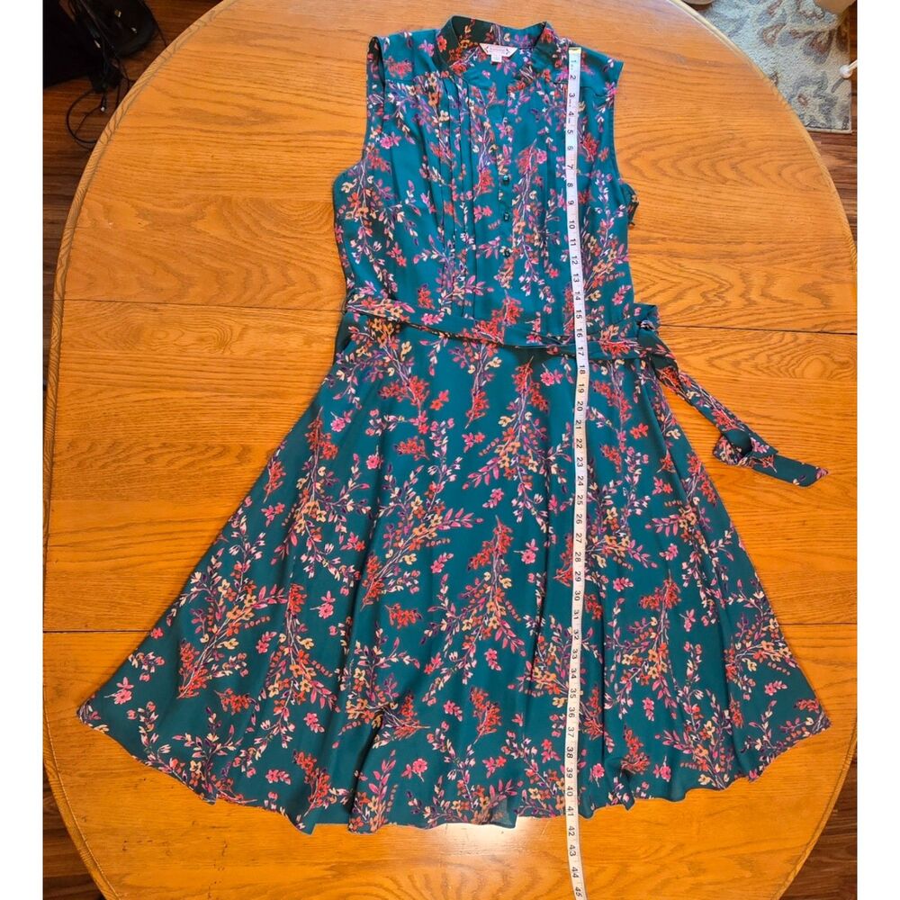 Nanette Lepore Teal Floral Sleeveless Pintuck Button Up A Line Dress Size 6 - Picture 9 of 13